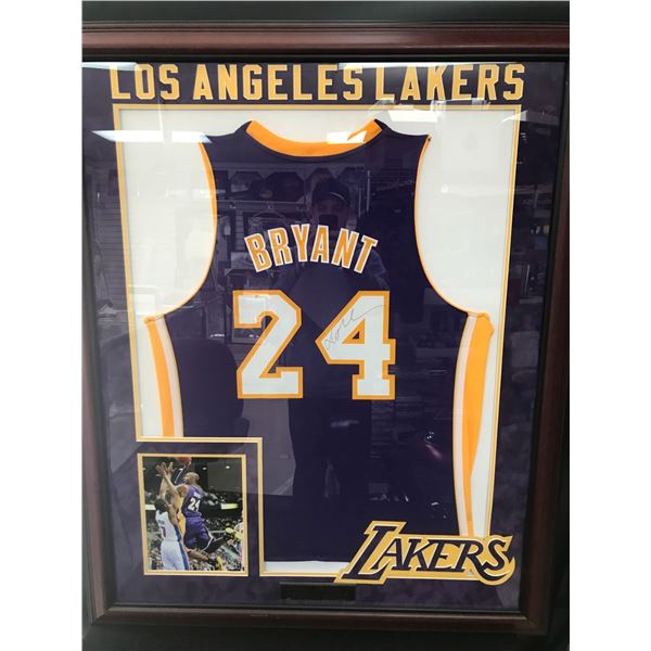KOBE BRYANT SIGNED AND CUSTOM FRAMED L. A LAKERS JERSEY (PSA LOA)