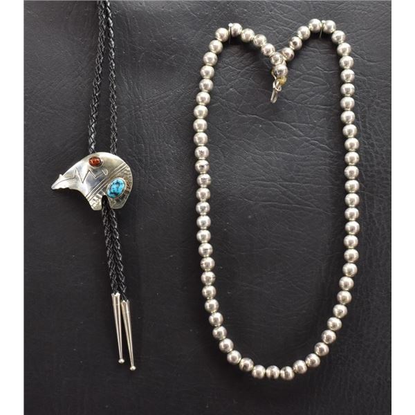 NAVAJO BOLO AND SILVER BEAD NECKLACE