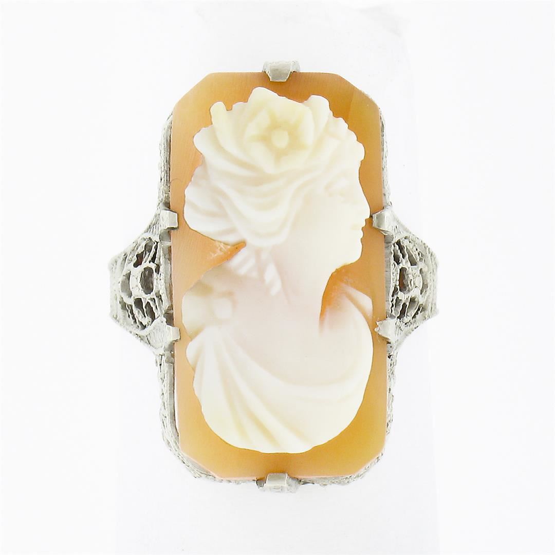 Antique 10k Gold Rectangular Carved Shell Cameo Etched Floral Open ...