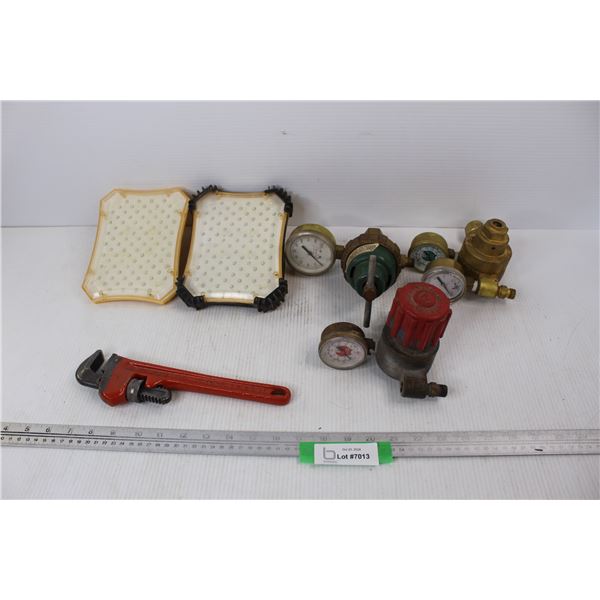 (3) Brass Pressure Gauges, (2) Industrial Light Bulbs, Pipe Wrench