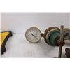 Image 6 : (3) Brass Pressure Gauges, (2) Industrial Light Bulbs, Pipe Wrench