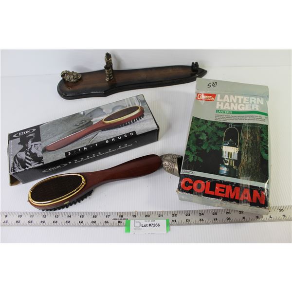 3 in 1 Clothing Brush (NIB) - Wooden Plaque w/Metal Helmet - Lantern Hanger (used - in box)
