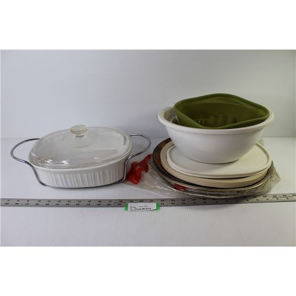 Corning ware Casserole Dish w/Lid on Stand - Metal Pizza Pan - Foil Pans - Plastic Bowl - Misc. Item