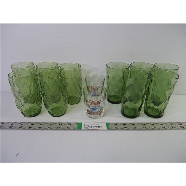 (10) Olive Colored Glasses in 2 different styles and (2) Zeddy Children Juice Glasses