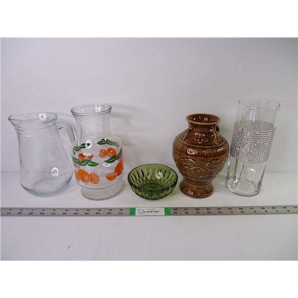 (2) Vases,(2) Glass Pitchers and Green Candy Dish