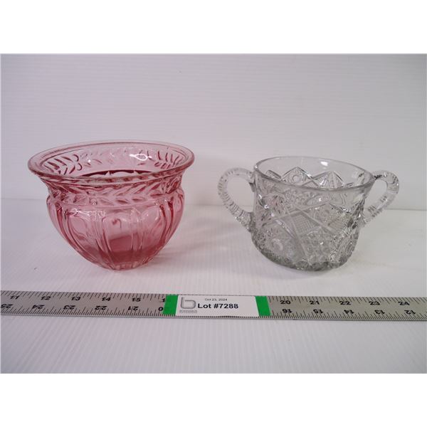 Double Handled Glass Sugar Bowl, Cranberry Glass Bowl