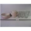 Image 1 : (3) Vintage Cowboy Boot Shaped Glasses and (2) Pieces of Hornsea Pottery, Teapot and Bowl