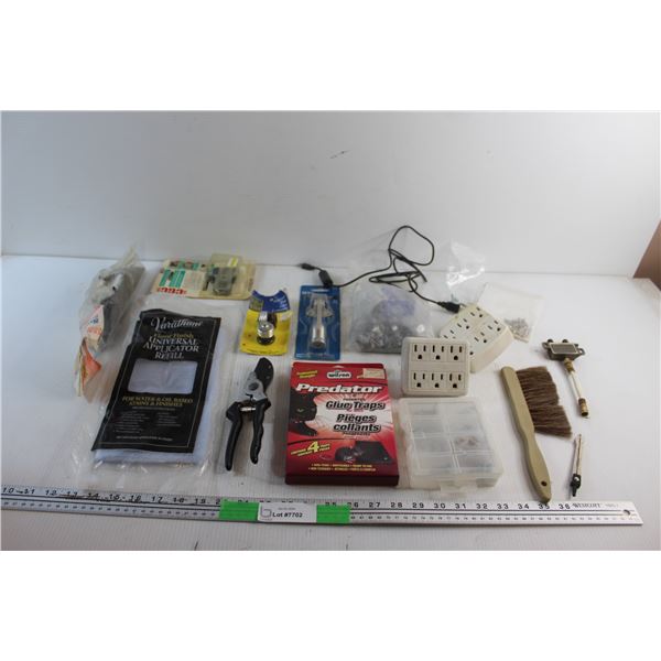 Pruning Shears, Attachment Plugs. Glue Traps for Mice, Brush, Hardware and Assorted Items