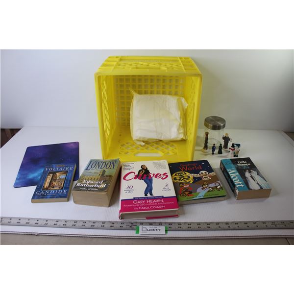 Plastic Crate - Unopened Sanitizing Cloths - (5) Books - Curves - Little Women - Goodnight World - O