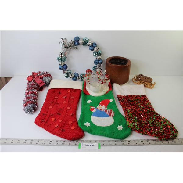 Large Candle - Wood Crafted Decoration - (3) stockings - Ring of Bells - Glass Snowmen Candle Holder