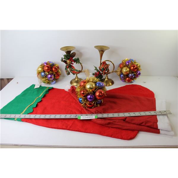 (2) Brass Trumpet Candle Holders - Christmas Decorations - Large Santa's Hat & Stocking