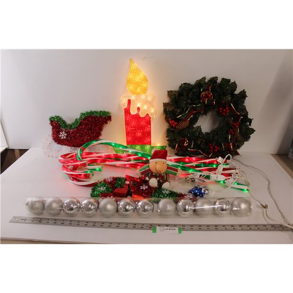 Christmas Items - Wreath - (5) Cane Lights & Candle Light (working) Stuffed Ziggy Doll - Ornaments