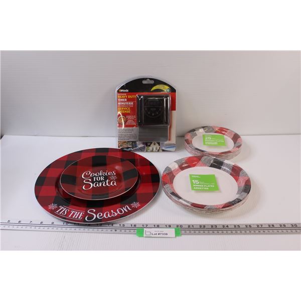 Lot: Woods Heavy Duty Timer (NIB), Disposable Dinner Plates, Xmas Serving Plates
