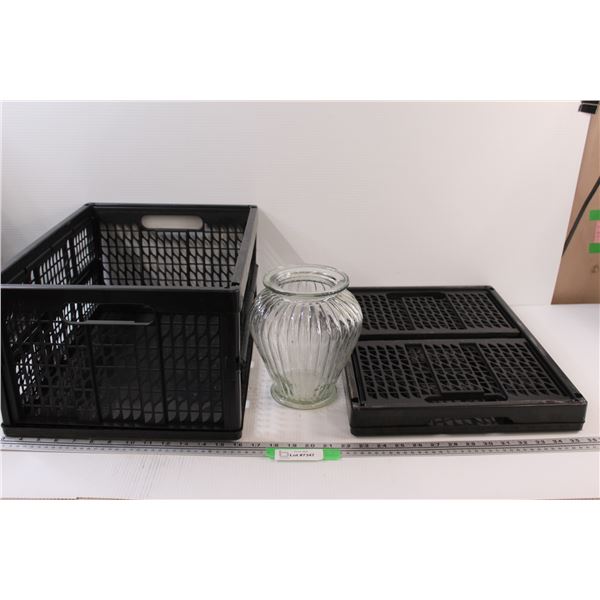 (2) Foldable Crates 18.5" x 13.5" x 9", Glass Vase 8" Tall