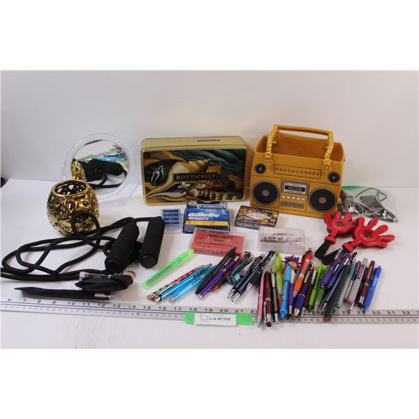 Lot: Children's Tote, Mirror, Skip Rope, Clappers, Pens, Candle Holder, Playing Cards, Halloween Cas