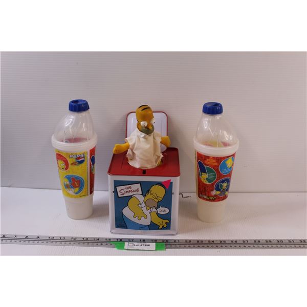 Simpsons Homer-In-The-Box (latch missing), 2 Subway drinking cups