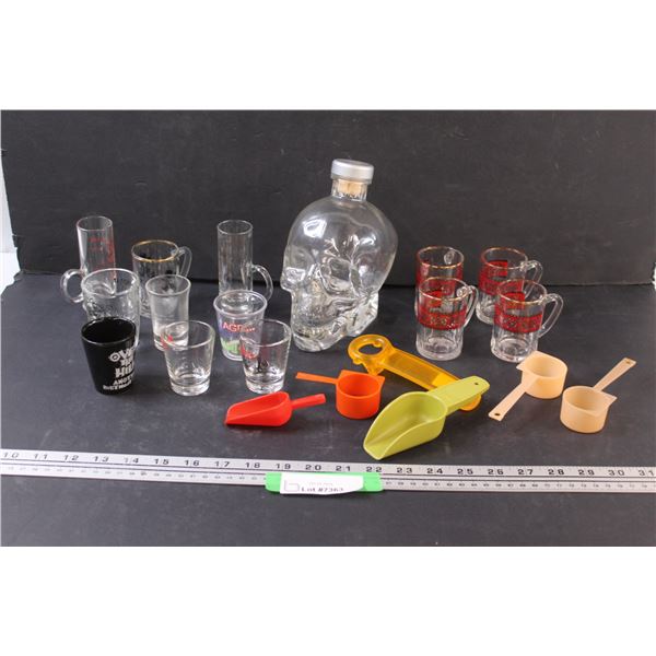 Crystal Head Vodka Bottle Decanter with 13 Shot Glasses and Measure Scoops