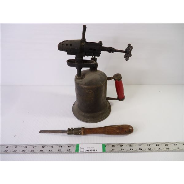 Vintage Rustic Blow Torch and Brass Pad Saw