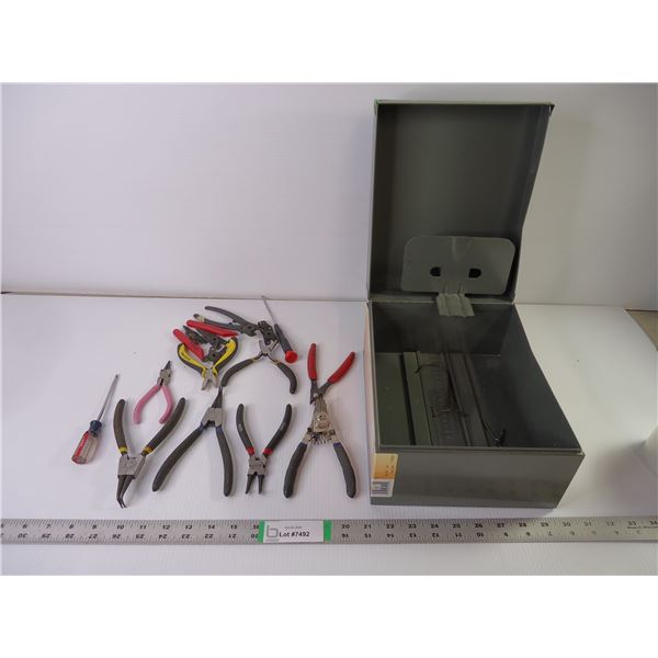 (8) Snap Ring Pliers and some misc. tools with Metal Container