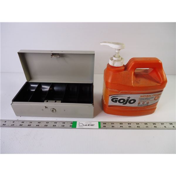 Small Metal Cash Box and Container of Orange Cleaner (partial contents)