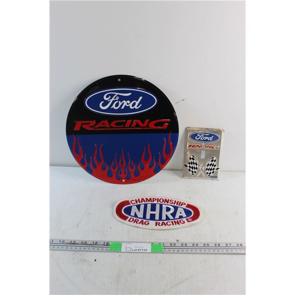 Ford Racing Sign 12'', Ford Racing Light Switch Cover and NHRA Drag Racing Patch