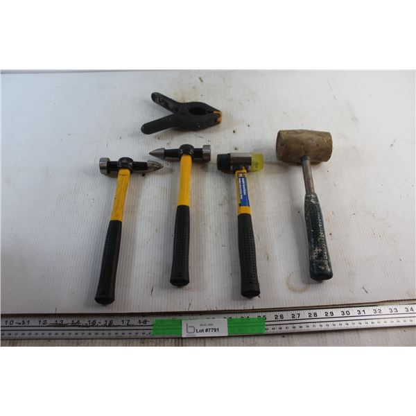 Clamp, (3) Double Faced Mallets, Rubber Hammer and Assorted Items