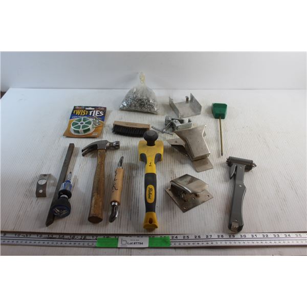 Metal Brush, Hammer, Multi Bit Screwdriver, Glass Breaker, Moisture Meter and Assorted Hardware