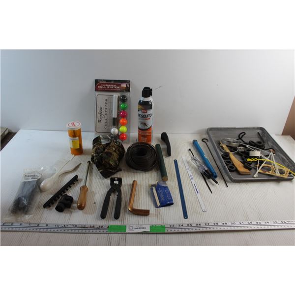 Saw Blades, Mosquito Spray, Wire Crimper, Fabric Pegs, Tournament Cull System and Assorted Items - C