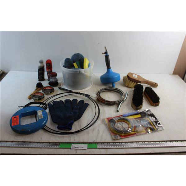 SOS pads, Work Gloves, Shoe Polish, Brushes, Drain Snakes and Assorted Items