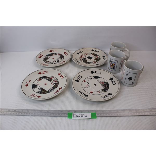 (4) Deco Art Playing Card Design Plates w/ (3) Coffee Cups- (1) Cup Is Repaired
