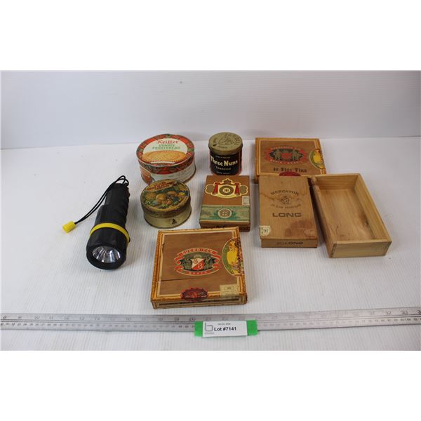 (6) Various Tins/ Cigar Boxes- (1) Is Damaged , Greatlite Flash Light- Powers on