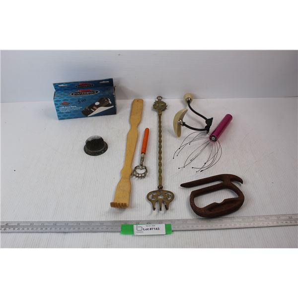 Vintage Flower Pick, (3) Back Scratchers, 220H Block Plane- NIB, Misc.