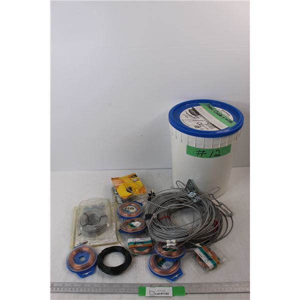 Various Spools Of Small Steel Cables w/ large Ice Cream Pail