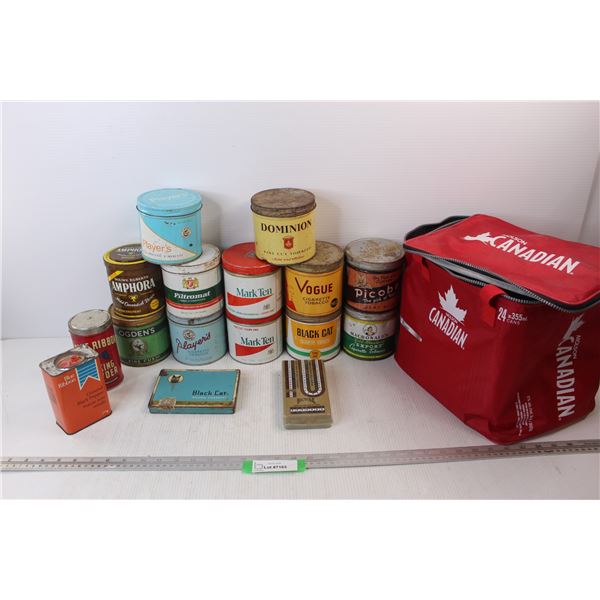 Various Vintage Tobacco/ Cigarette Tins, Blue Ribbon Tins, Bicycle Crib Board, Molson Canadian Coole