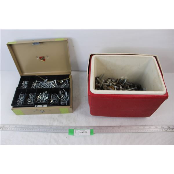 Lot Of Assorted Nuts/ bolts, Misc., Pizza Hut Igloo Cooler, Cash Box