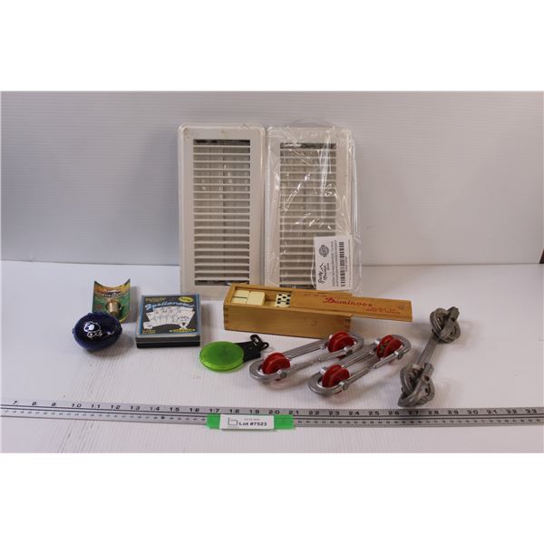 Dominoes, Spelling Card Games, (3) Clothesline Spreaders, (2) Floor Vents, Misc.