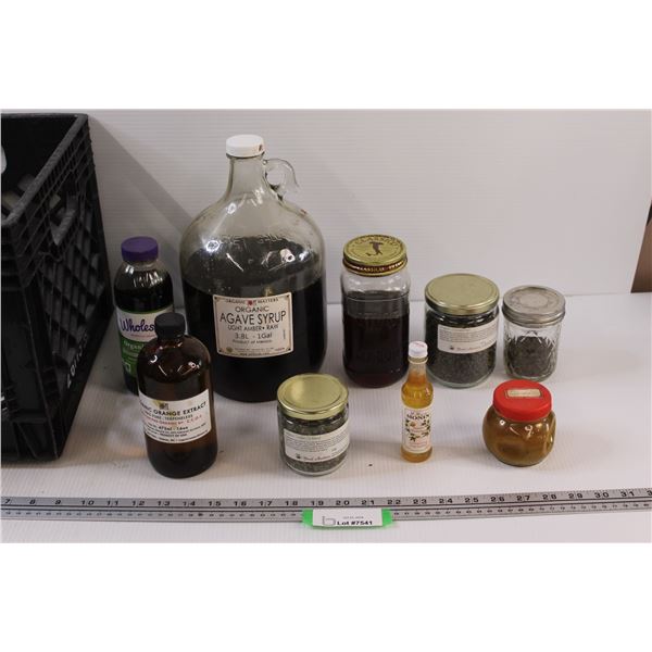 Agave Syrup, Orange Extract, Green Tea Blend, Passionfruit Syrup, Misc. in Milk Crate - CANNOT SHIP