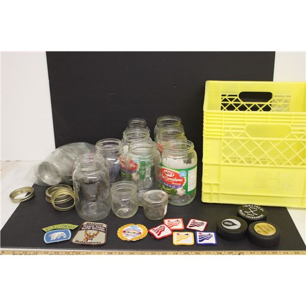 (10) Various Glass Canning Jars (Some Glass Antique Lids) & Assorted Patches & Milk Crate