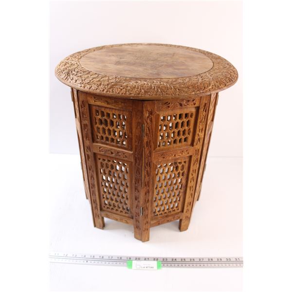 Wood Carved Round End Table - Foldable - 19" Tall x 18" Diameter