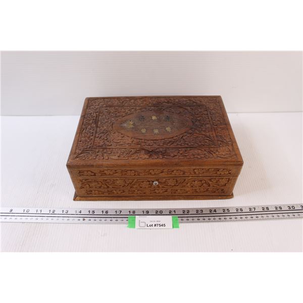 Wood Carved Jewelry Box - 12" x 8" x 4" - w/Stationary Items