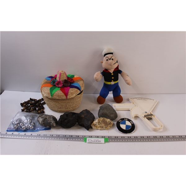 Sombrero Basket, Popeye Doll, Rocks, Metal Puzzle, BMW Badge, Slim Guide, Misc.