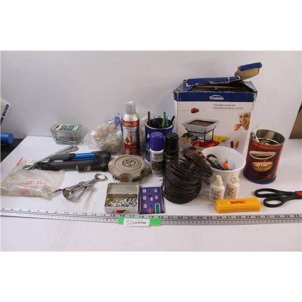 Chocolate Fondue Set, (2) Bike Tire Pumps, Assorted Screws & Nails, Wine Bottle Opener, Misc.
