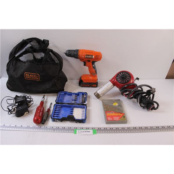 Black & Decker Battery Operated Drill w/ Bag, Charger, & Bits, MHT Heat Gun - Working
