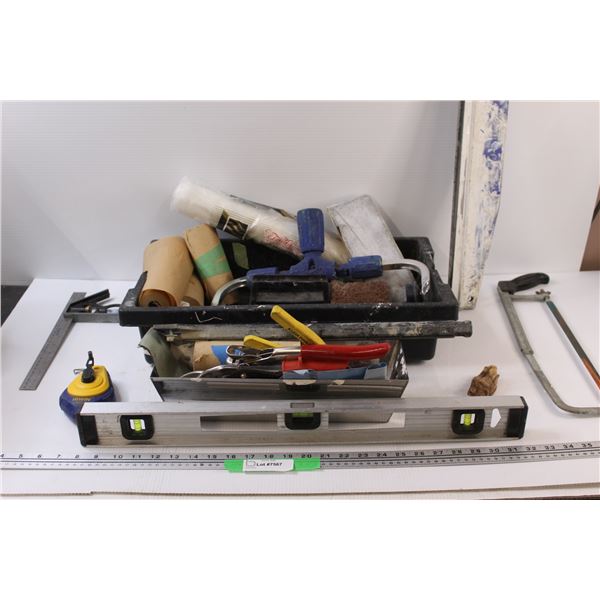 Household Tools: Square, Level, Putty Tray, Putty Scrappers, Tin Snips, Caulk Line, Misc. in Tray