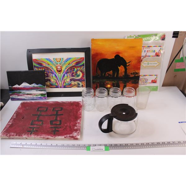 (4) Glass Canning Jars & (3) Canvas Paintings: Elephant, Mountains & Birthday Banner, Coffee Pot, Sk