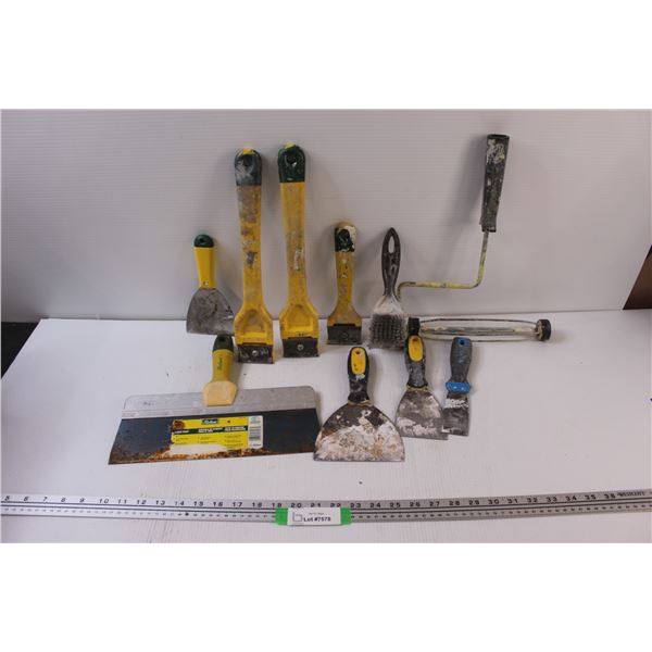 Handy Tool Lot: Scrapers, Putty Knives, Paint Roller, Metal Wire Brush