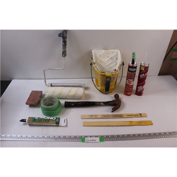 House Fixing Supplies: Block Sander, Paint Roller, Hammer, Paint Tray, Paint Sticks, Misc.