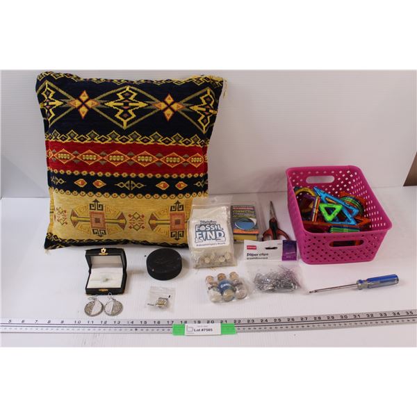 Kids' Magnet Building Set, Earrings, Pillow, Hockey Puck, Scissors, Paper Clips, Misc.