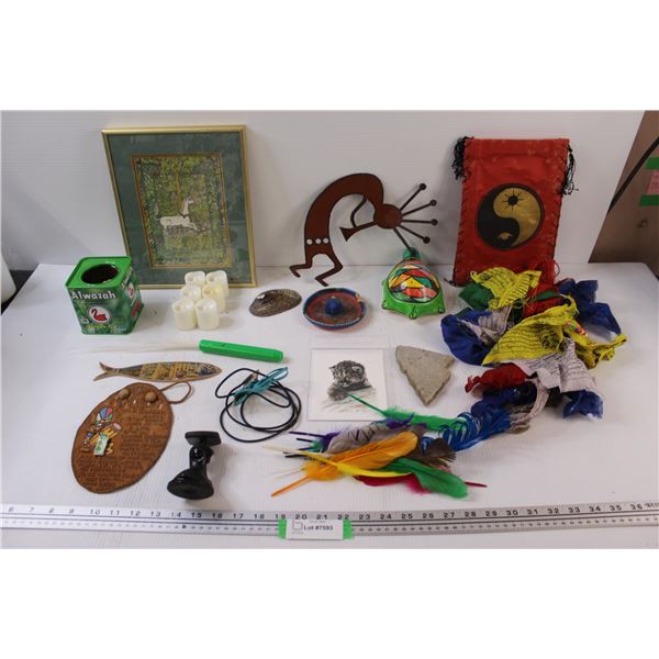 Lot: Battery Operated Candles, Turtle, Magic Handkerchief, Rocks, Unicorn Picture in Frame, Misc.