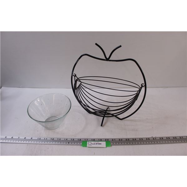 Metal Fruit Basket & Glass Serving Bowl